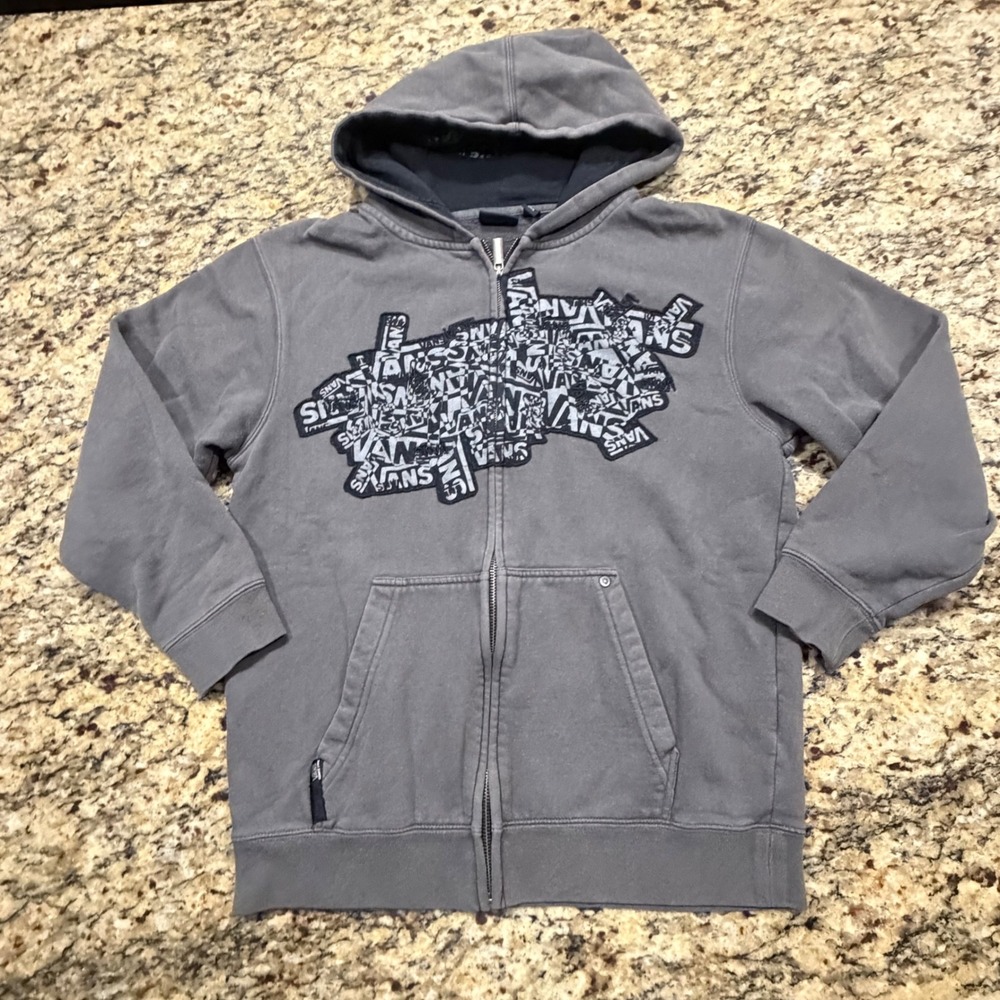 Vans Boy Full Zip Hoodie Charcoal Gray Graphic Logo Sweatshirt Size L ws